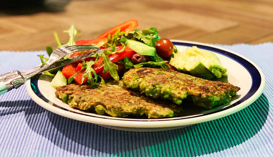 Pea and dill fritters with salad